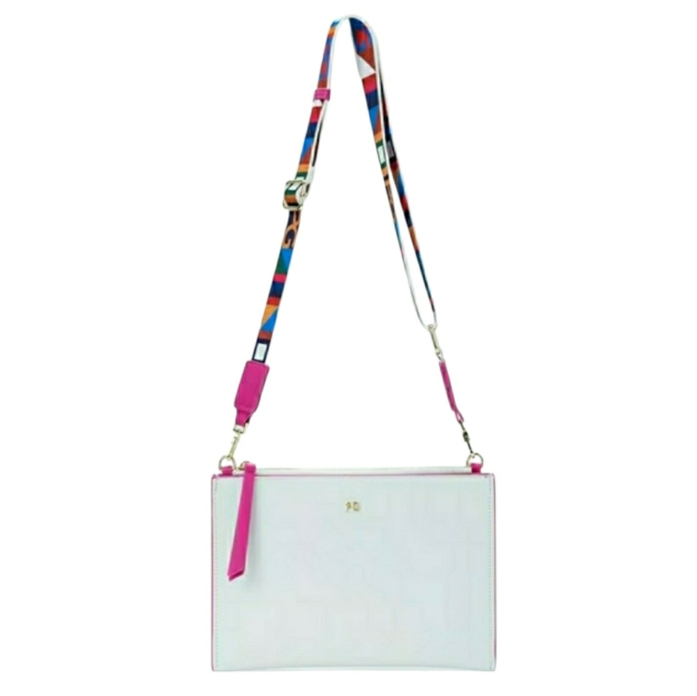 NWT! PG Purificacion Garcia Designer White & Pink Patterened Strap Crossbody Bag